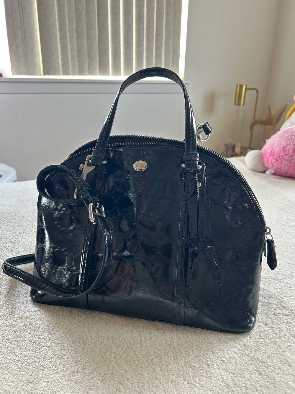 Coach Peyton Glossy Black Patent Mini Dome Satchel Crossbody